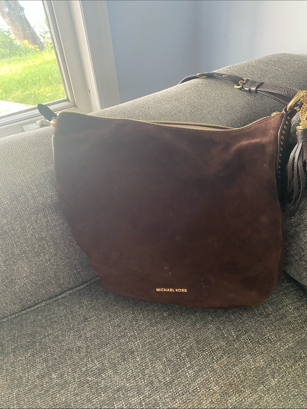 Michael Kors Dark Brown Suede Crossbody Messenger Bag with Gold Hardware